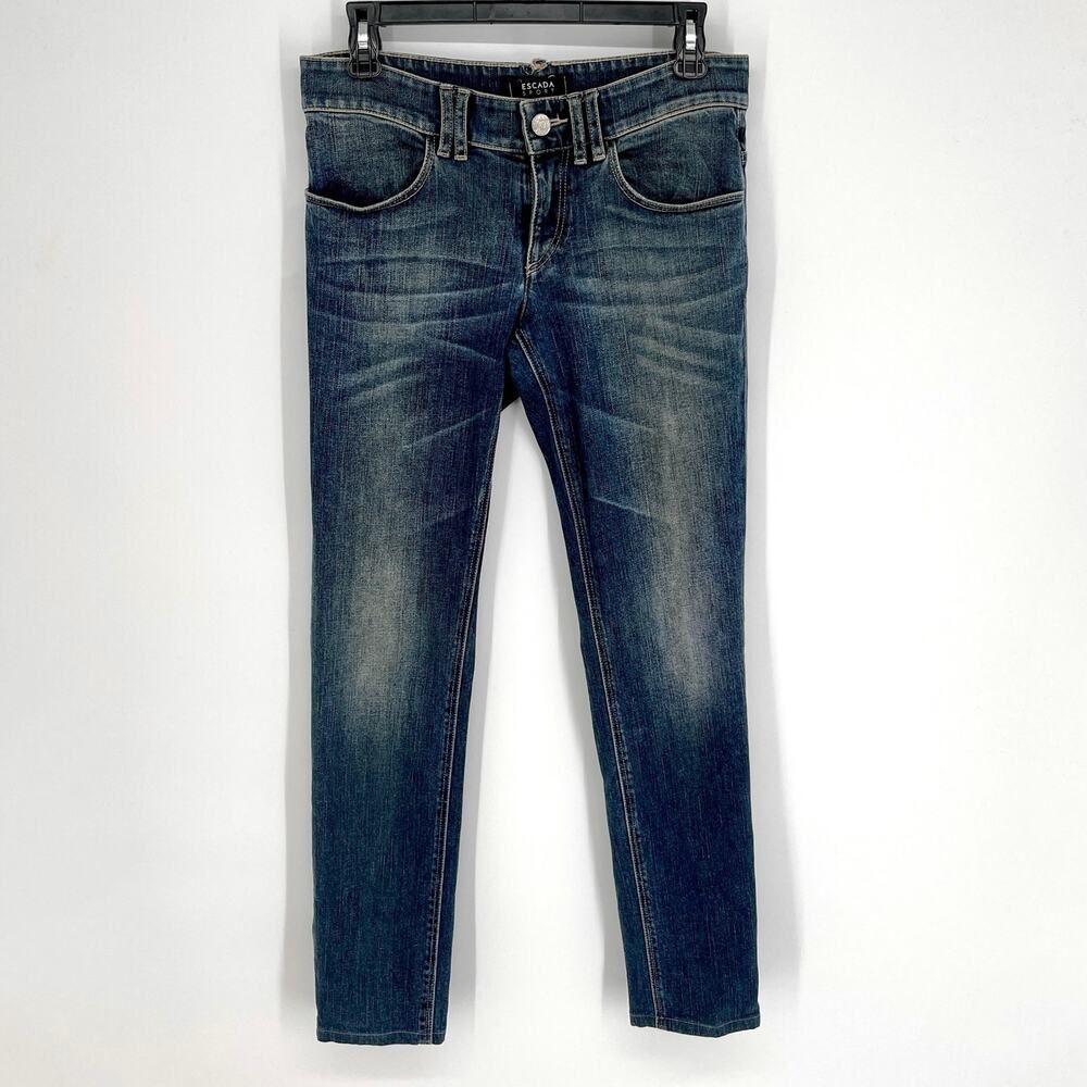 Escada Sport Selvedge Skinny Jeans Women Sz 36 / US 6 Blue Back Tie Flap Pockets
